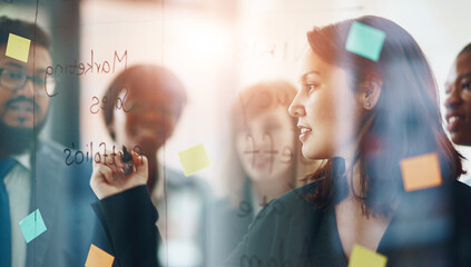Aufkleber - Business people, glass wall and woman writing, brainstorming and strategy in office. Sticky notes, planning and group of employees working on ideas, schedule and collaboration for teamwork at work.