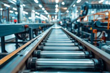 A close-up of roller conveyors on an assembly line in a modern factory with motion blur in the background, highlighting modern industry and technology.