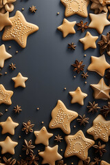Wall Mural - Abstract background with Christmas raw dough star cookies, spices and white baubles on gray background. Vertical composition.