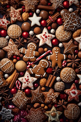 Wall Mural - Abstract background with Christmas gingerbread pieces and cookies on brown background. Vertical composition.