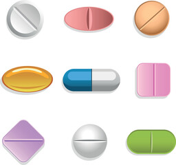 Tablets and colored pills vector set isolated on white background.