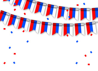 Russian flags garland white background with confetti