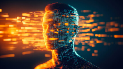 Poster - A human figure rendered in bright, orange pixelated elements, signifying digital transformation and modern identity exploration.