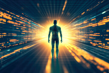 Poster - A solitary man walks along a radiant digital path, illuminating the journey of technology and exploration with breathtaking artistry.