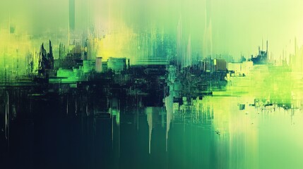Wall Mural - horizontal digital distortion with alternating glitch lines and static noise in vibrant shades of gr