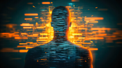 Poster - A human silhouette is disintegrating into a multitude of tiny pixels, illustrating the theme of digital transformation and fragmentation.
