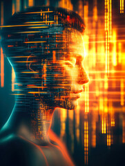 Poster - A striking human profile emerges from an intricate network of glowing gridlines and digital patterns, symbolizing modern identity's complexity.