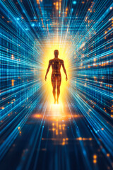 Poster - A human-like figure illuminated in a tunnel of lines suggesting movement through dimensions, exploring digital realms.