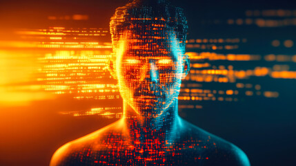 Poster - A digital face with data stream effect, representing the merge of human identity and digital information in modern age.