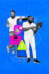 Aufkleber - Composite trend artwork 3D sketch image photo collage of two young guy stand hold smartphone laptop password data information cyberspace