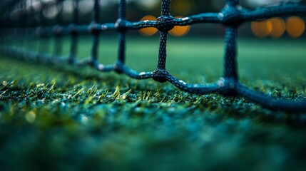 Poster - The image captures a close-up of a soccer net along the edge of a field, with dew glistening on the grass, and soft evening lights creating a serene atmosphere at dusk.