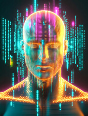 Poster - A glowing digital face with vertical neon lines illustrating advanced technology and human emotion in vivid colors.