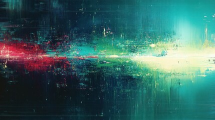 Wall Mural - horizontal digital distortion with alternating glitch lines and static noise in vibrant shades of gr