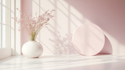 Poster - matte white background with a solitary geometric shape in soft pastel pink for a minimalist pop of c