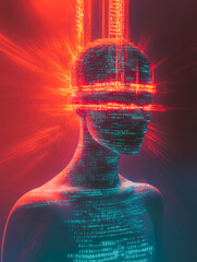 Poster - A digital head with vibrant pixel streaks symbolizes the flow of data and information, blending human and digital elements.