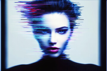Poster - A futuristic portrait blending blue hues and glitch effects, symbolizing the digital connection of human-technology interface.