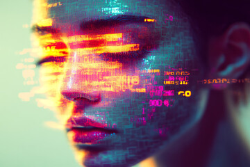 Poster - A digital face overlaid with luminous neon code, symbolizing the intricate relationship between identity and technology.