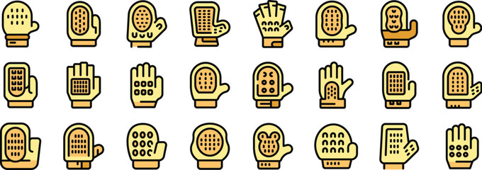 Poster - Massage gloves for wellness and beauty routine icons set. Outline set of massage gloves for wellness and beauty routine vector icons for web design isolated on white background