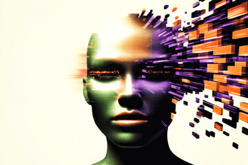 Poster - A futuristic face breaking into pixels, symbolizing the dynamic interplay between advancement and fragmentation in digital realms.