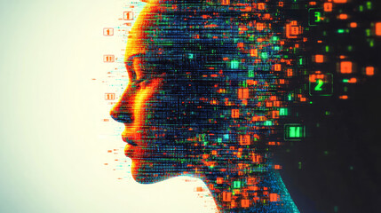 Poster - A profile portrait set against a sea of digital data, featuring the balance between personal identity and technological evolution.