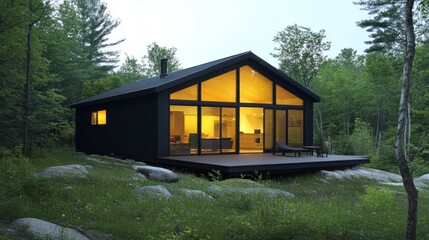 Poster - Minimalist prefab house glowing warmly at dusk, with large windows and serene surroundings.