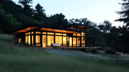 Poster - Minimalist prefab house glowing warmly at dusk, with large windows and serene surroundings.