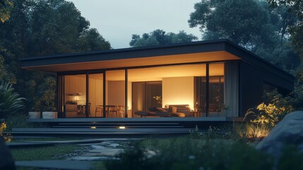 Poster - Minimalist prefab house glowing warmly at dusk, with large windows and serene surroundings.