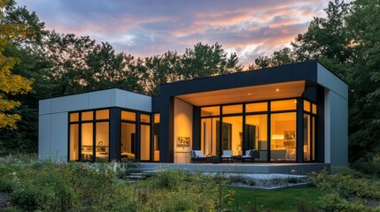 Poster - Minimalist prefab house glowing warmly at dusk, with large windows and serene surroundings.