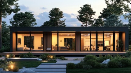 Poster - Minimalist prefab house glowing warmly at dusk, with large windows and serene surroundings.