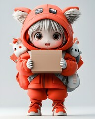 Poster - Adorable 3D Rendered Anime Inspired Character Gleefully Holding a Plain Cardboard Box or Package Against a Minimalist White or Pastel Colored Background Perfect for Children s Products and Merchandise