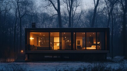 Poster - Prefab house exterior lit warmly at dusk, with cozy interiors visible through floor-to-ceiling windows.