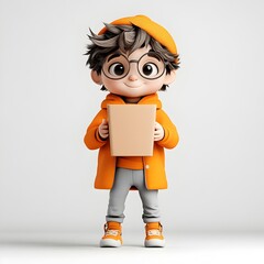 Poster - 3D Rendered Energetic Toon Personality Gripping a Basic Cardboard Container Perfect for Kids  Product Packaging in a Stark White Studio Setting with a Clean and Playful Vibe