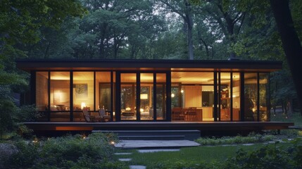Poster - Prefab house exterior lit warmly at dusk, with cozy interiors visible through floor-to-ceiling windows.