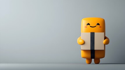 Poster - A 3D rendered image of a friendly animated avatar character embracing a simple cardboard package perfect for use in kids  products set against a clean white background