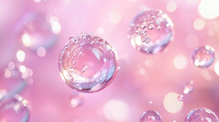 Wall Mural - pink shimmering soap bubbles floating with soft bokeh background generative ai