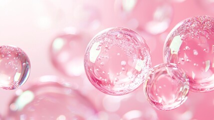 Wall Mural - pink shimmering soap bubbles floating with soft bokeh background generative ai