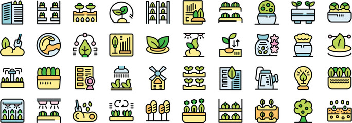 Growing plants and vegetables using innovative agriculture technologies vector icons set in thin line style