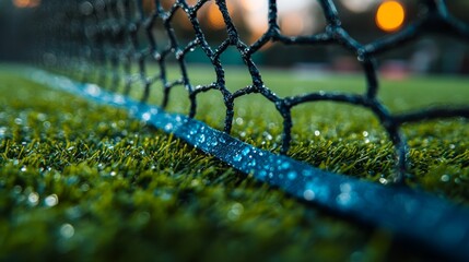 Poster - Dew droplets cling to the soccer net as evening sets in, highlighting the lush, artificial turf and the serene atmosphere of a sports field.