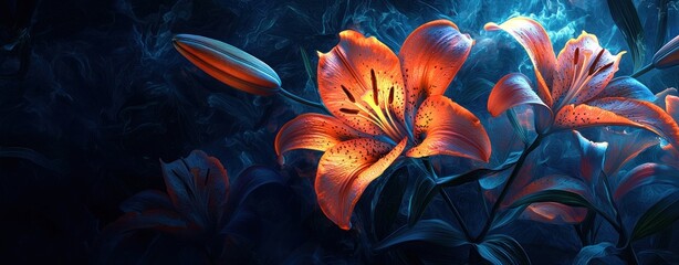 Wall Mural - Vibrant orange lilies glowing against a dark blue ethereal background Generative AI