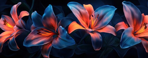 Wall Mural - Vibrant orange lilies glowing against a dark blue ethereal background Generative AI