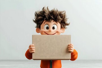 Poster - Vibrant 3D Rendered Cartoon Figure Enthusiastically Holding a Simple Cardboard Box or Package in a Clean White Studio Setting   Perfect for Children s Products Merchandise and Ecommerce Displays