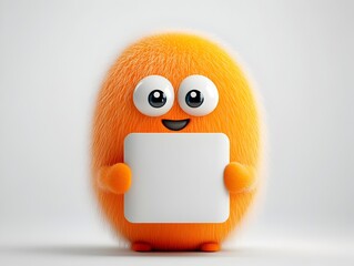 Poster - Cheerful and friendly 3D rendered cartoon character clasping a plain white cardboard container or box on a pristine white backdrop ideal for children s products gifts or retail packaging design