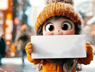 Poster - Adorable and Friendly Cartoon Character Holding a Blank Rectangular Package in a Warm Cozy and Whimsical Watercolor Painting Style Indoor Setting with Vibrant Colors and a Playful Atmosphere