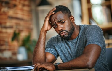 Thoughtful Black man in his thirties sitting indoors with a worried expression, contemplating a difficult situation