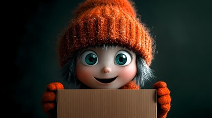 Poster - Playful 3D Rendered Cartoon Persona Grasping Unadorned Cardboard Box with Joyful and Curious Attitude Vibrant Hues and Loose Painterly Style Reminiscent of Classic Children s Book