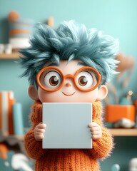 Poster - Whimsical 3D Rendered Cartoon Character with Expressive Features Gripping a Simple Square Box in a Vibrant Soft and Playful Nostalgic Home Setting