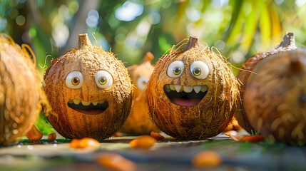 Group of animated coconuts with funny expressions. Humorous and playful characters