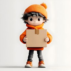 Poster - 3D Rendered Captivating Cartoon Figure Clutching an Unbranded Cardboard Box Whimsical Character Design Expressive Pose Vibrant Colors Stylized for Children s Merchandise on Minimalist White Background