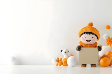 Poster - Cheerful 3D Rendered Cartoon Character Joyfully Gripping a Plain Cardboard Package in a Pristine White Studio Setting Perfect for Children s Merchandise and Packaging Designs