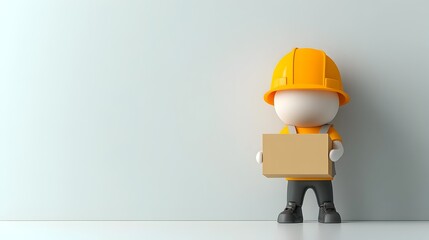 Poster - 3D Rendered Playful Cartoon Figure Holding a Simple Cardboard Box Suitable for Children s Merchandise or Packaging Displayed in a Sterile and Bright White Environment